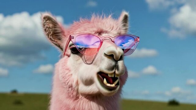 Pink alpaca wearing sunglasses chewing in green field with blue sky backdrop cinematic motion