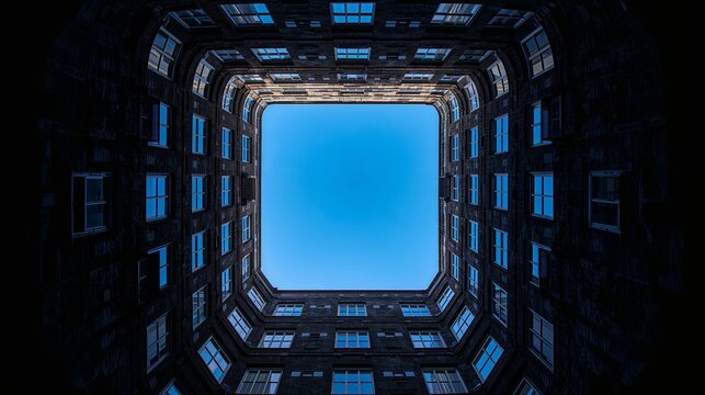 Blick auf ein Geb&auml;ude von unten, das Hochhaus ist rundum geschlossen