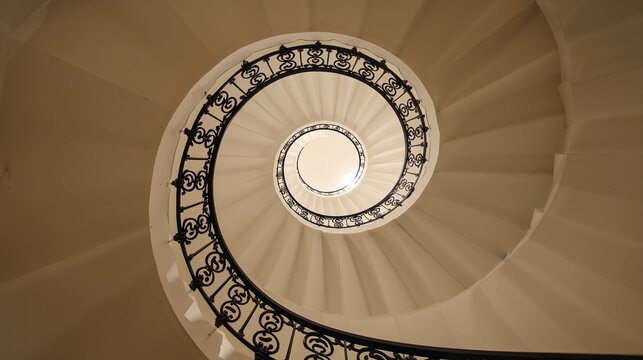 Eine Wendeltreppe f&uuml;hrt nach oben, Blick von unten