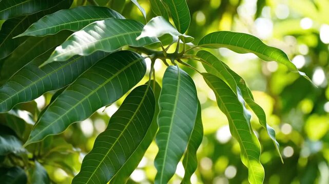 Closeup of lush green mango tree leaves with sunlight filtering through creating a natural organic and vibrant outdoor scene.