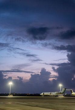 Evening view of Faro Airport with parked aircraft