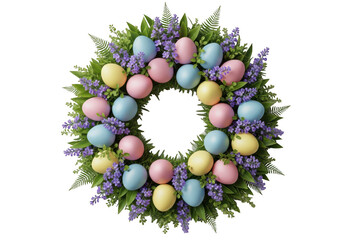 A colorful easter wreath with eggs and flowers isolated on transparent background