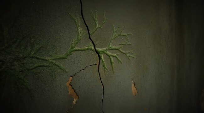 Abstracted plant-like structure with vibrant green veins on a cracked, textured, grunge background
