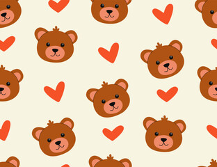 Cute teddy bear faces with small hearts pattern in a seamless vector design. Adorable cartoon bear characters nursery