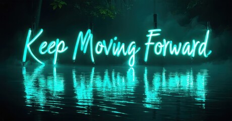 Fototapeta premium Bright neon sign displays positive message over dark water. Reflections create symmetrical visual effect. Inspiring, hopeful imagery.
