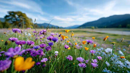Obraz premium Flowers bloom in a blue valley. Bright flowers of different colors grow in a valley with mountains in the background on a sunny day.