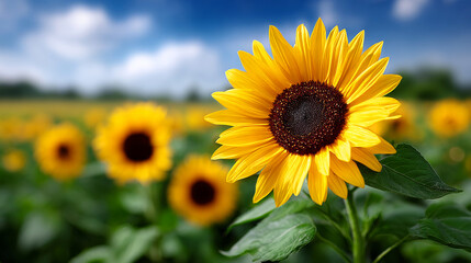 Fototapeta premium Sunflowers in a sunny field. A field of sunflowers stretches across the land under a clear blue sky.