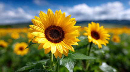 Fototapeta premium Field of sunflowers blooming in sunlight. Sunflowers bloom in a large field under a blue sky with clouds. Green leaves surround the bright yellow flowers.