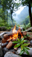 Small campfire burning in a forest near a river. Wood logs burning on the ground with green leaves in the foreground and forest background.