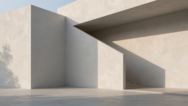 Minimalist Modern Architecture Scene with Beige Concrete Walls and Sharp Geometric Shadows