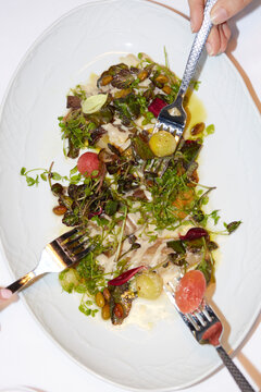 Gourmet salad dish being shared in a fine dining restaurant