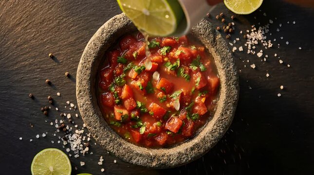 Top View of Fresh Red Salsa in Stone Bowl on Black Background with Lime Wedges Salt and Pepper Dark Mood Lighting Food Photography