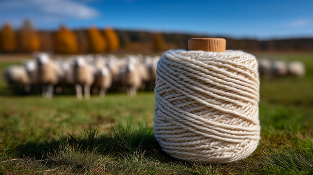 Wool yarn rolls on grass near sheep. A large ball of wool yarn sits on green grass with sheep grazing in the background on a sunny day.