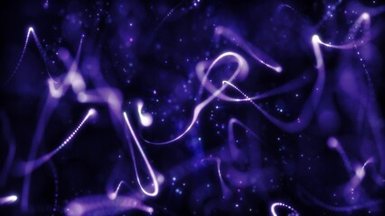 Intense glowing purple light strands and particles weaving through a dark background
