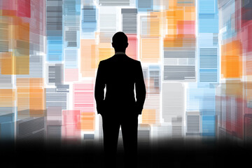 A silhouette of a man faces an overwhelming amount of data.