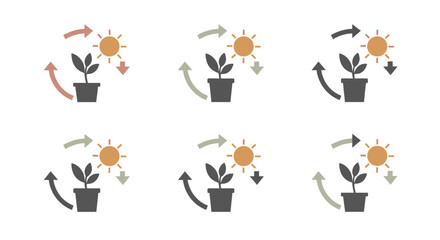 Obraz premium Potted plant sun cycle icon set illustration depicting the continuous exchange of energy vital for plant life and environmental balance.