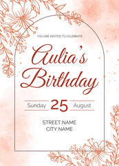 Elegant Peach Watercolor Floral Birthday Invitation Template with Modern Script Typography
