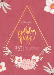 Elegant Floral Birthday Party Invitation with Gold Geometric Frame and Watercolor Flowers