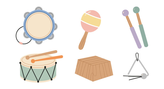 Various colorful percussion musical instruments are arranged in a playful collection, perfect for early childhood education and rhythmic exploration.