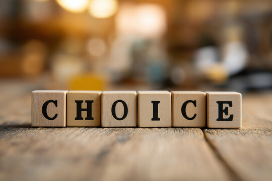 The word "CHOICE" is spelled out with wooden letter blocks.