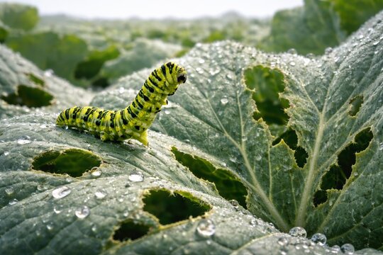 Fresh cabbage leaf with green caterpillar pest and dew drops in organic farm field at sunrise
