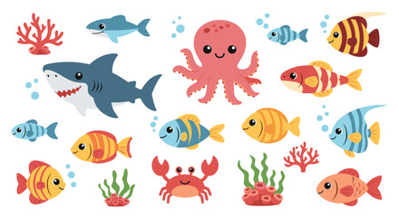 Obraz premium Cute cartoon sea creatures and marine life collection featuring a shark, octopus, crab, and various colorful fish swimming happily with coral and seaweed.