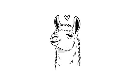 Fototapeta premium Smiling cartoon llama with heart above head, drawn in black and white on white background