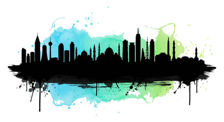 Watercolor skyline silhouette featuring iconic buildings and a vibrant color wash © AvenLys20