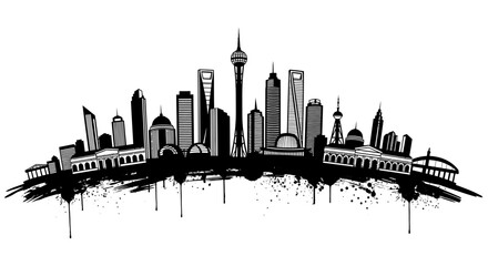 A striking black and white skyline illustration featuring modern and classical buildings © AvenLys20