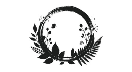 Black ink wreath with floral and fern elements on a white background © AvenLys20