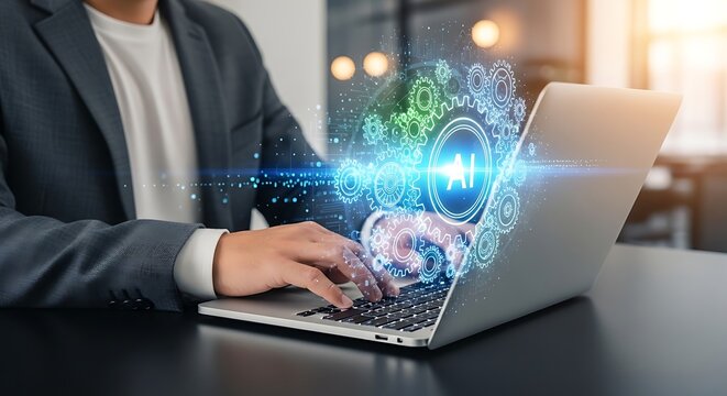 Businessman working on laptop with AI technology interface