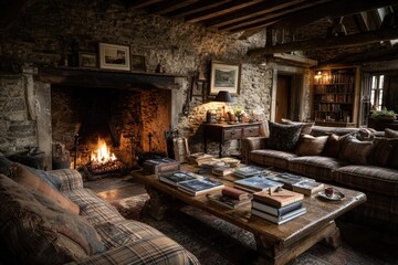 Fototapeta premium Cozy rustic living room with stone walls, roaring fireplace, plaid sofas, and a wooden coffee table stacked with books in a warm, inviting atmosphere.