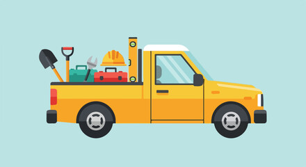 A flat vector illustration features a yellow pickup truck transporting various construction and repair tools against a light blue background. © Ohim