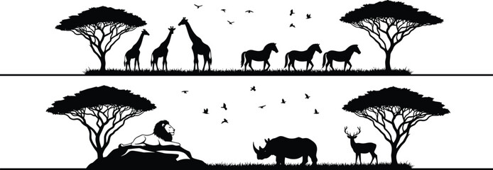 African savannah wildlife silhouettes vector illustration, giraffes lions rhinos deer horses birds and acacia trees, decorative black and white nature landscape artwork © Creative Crave