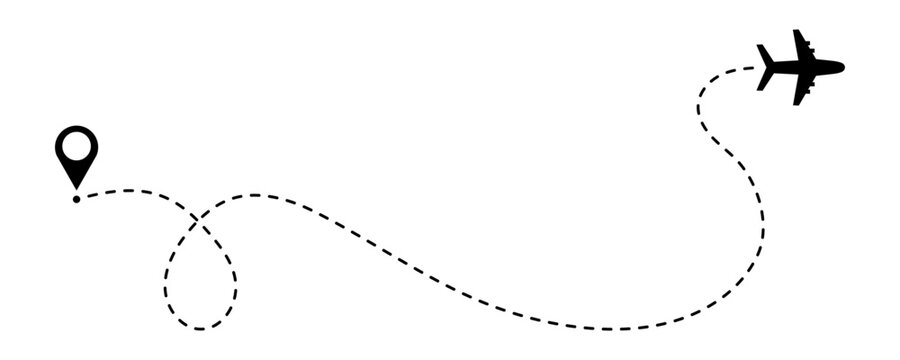 Airplane flight path doodle icon. Dotted map route for travel and journey, dash line air plane route. Vector illustration isolated on transparent background