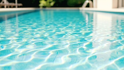Fototapeta premium Sparkling blue swimming pool water with sunlight reflections creating a refreshing summer background. Bright aquatic texture perfect for vacation, relaxation and summer themes.