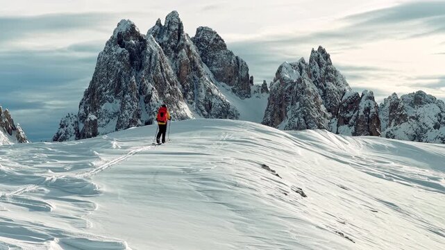 Beautiful Winter Dolomite Mountain Scenery with Man on Cross-Country Skis , Aerial View