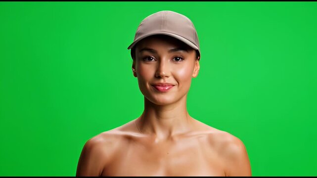 Shirtless man wearing baseball cap green screen.
