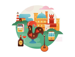 Portugal touristic attractions, landmarks and symbols colorful banner, poster and postcard background. © Marina Zlochin