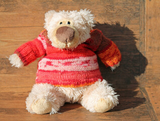 The teddy bear has a new hand-knitted wool pullover.