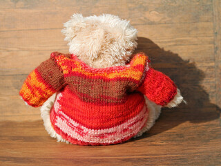 The teddy bear has a new hand-knitted wool pullover.
