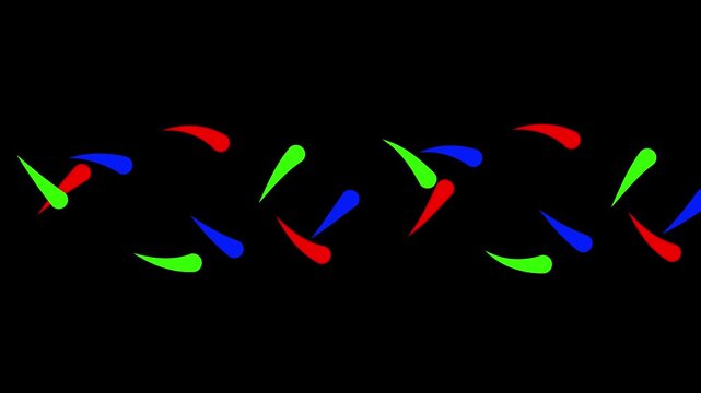 Vibrant colorful dashes and teardrop shapes in RGB colors flowing across a black screen.