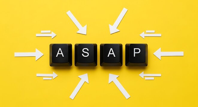 Urgent business concept with ASAP keyboard keys and arrows on yellow background
