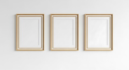 Three gold-framed, empty art prints hang on a white wall, offering mockup space