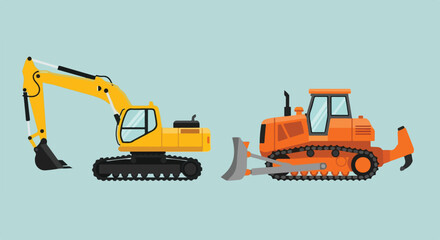 Two heavy construction vehicles, a yellow excavator and an orange bulldozer, are depicted in a flat vector art style against a light blue background. © Ohim