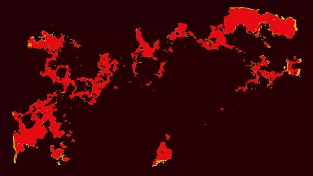 Intense red and yellow organic spreading pattern resembling fire or lava on dark background.
