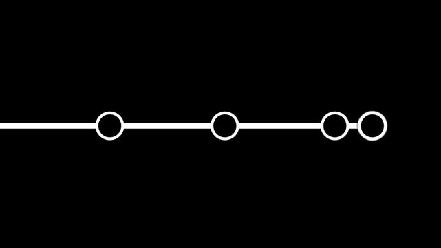Minimalist horizontal timeline animation with growing white line and circular nodes on black background.