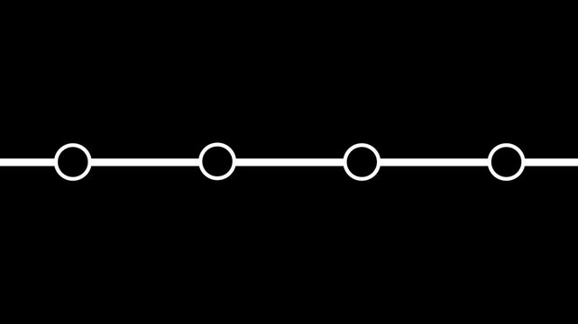 Sequential process flow animation featuring a white horizontal line and circular milestones on black.