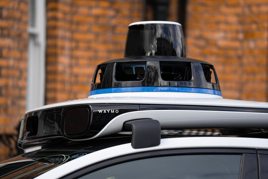 6th-Gen Waymo Driver Vehicle, Jaguar I-PACE Electric Car Roof Sensor Suite, 360&deg; Long-Range LiDAR, 4D Imaging Radar, London, United Kingdom, March 2026