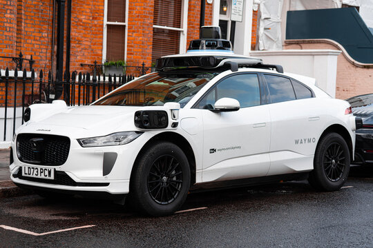 Waymo Driver Robotaxi, Jaguar I-PACE Car, Autonomous Vehicle (AV) Imaging Radar, Perimeter LiDAR Tech, London, England, UK, March 2026
